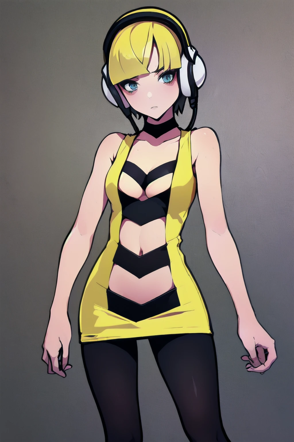 (masterpiece, best quality:1.2), solo, 1girl, bw1elesa, expressionless, looking at viewer, blonde hair, short hair, headphones, cables, choker, cleavage, black and yellow dress, short dress, clothing cutout, navel cutout, sleeveless, pantyhose <lora:style_minagikou-10:1> <lora:elesa-nvwls-v1:0.8>