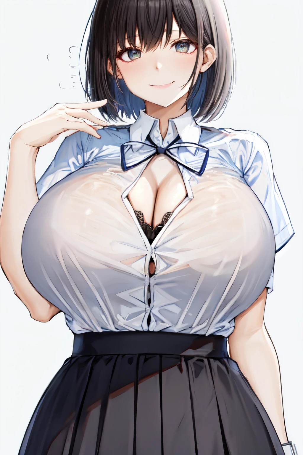 <lora:chomikuplus_style:1>chomikuplus style, upper body, button gap, neck ribbon, smile, black bra, black hair, 1girl, short hair, bra, simple background, white background, huge breasts, see-through, skirt, breast focus, bra visible through clothes, closed mouth, solo, collared shirt, white shirt, office lady, short sleeves, cleavage, id card, shirt, underwear