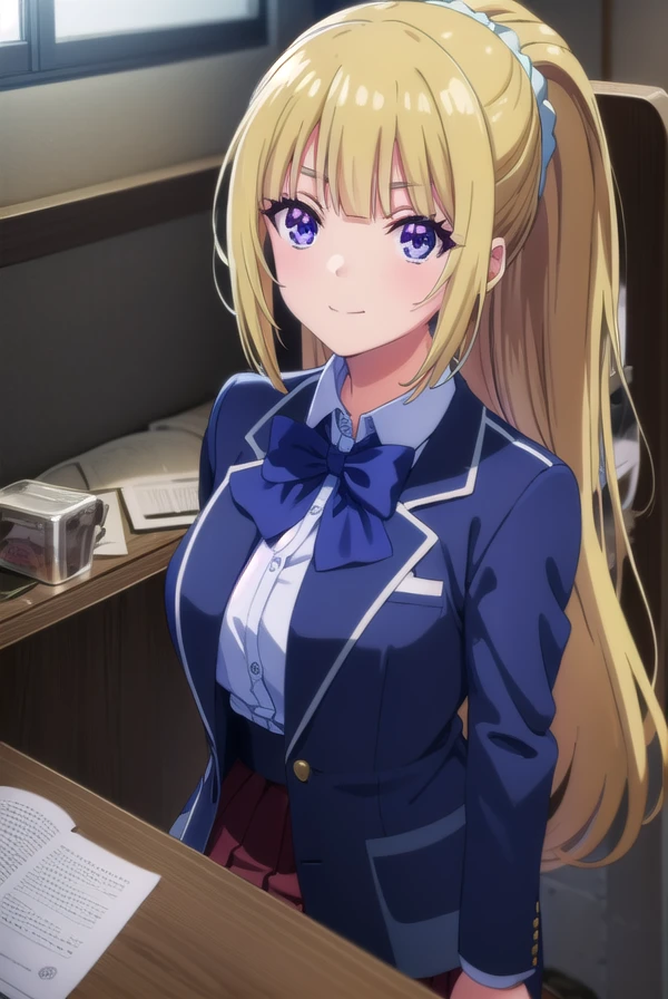 keikaruizawa, <lora:kei karuizawa s2-lora-nochekaiser:1>,
kei karuizawa, long hair, bangs, blunt bangs, (purple eyes:1.1), blonde hair, shirt, hair ornament, ponytail, scrunchie, blue scrunchie, smile,
BREAK skirt, shirt, bow, school uniform, jacket, (red jacket:1.2), pleated skirt, bowtie, sweater, (blue bow:1.2), (blue shirt:1.2),
BREAK indoors, classroom,
BREAK looking at viewer, (cowboy shot:1.5),
BREAK <lyco:GoodHands-beta2:1>, (masterpiece:1.2), best quality, high resolution, unity 8k wallpaper, (illustration:0.8), (beautiful detailed eyes:1.6), extremely detailed face, perfect lighting, extremely detailed CG, (perfect hands, perfect anatomy),