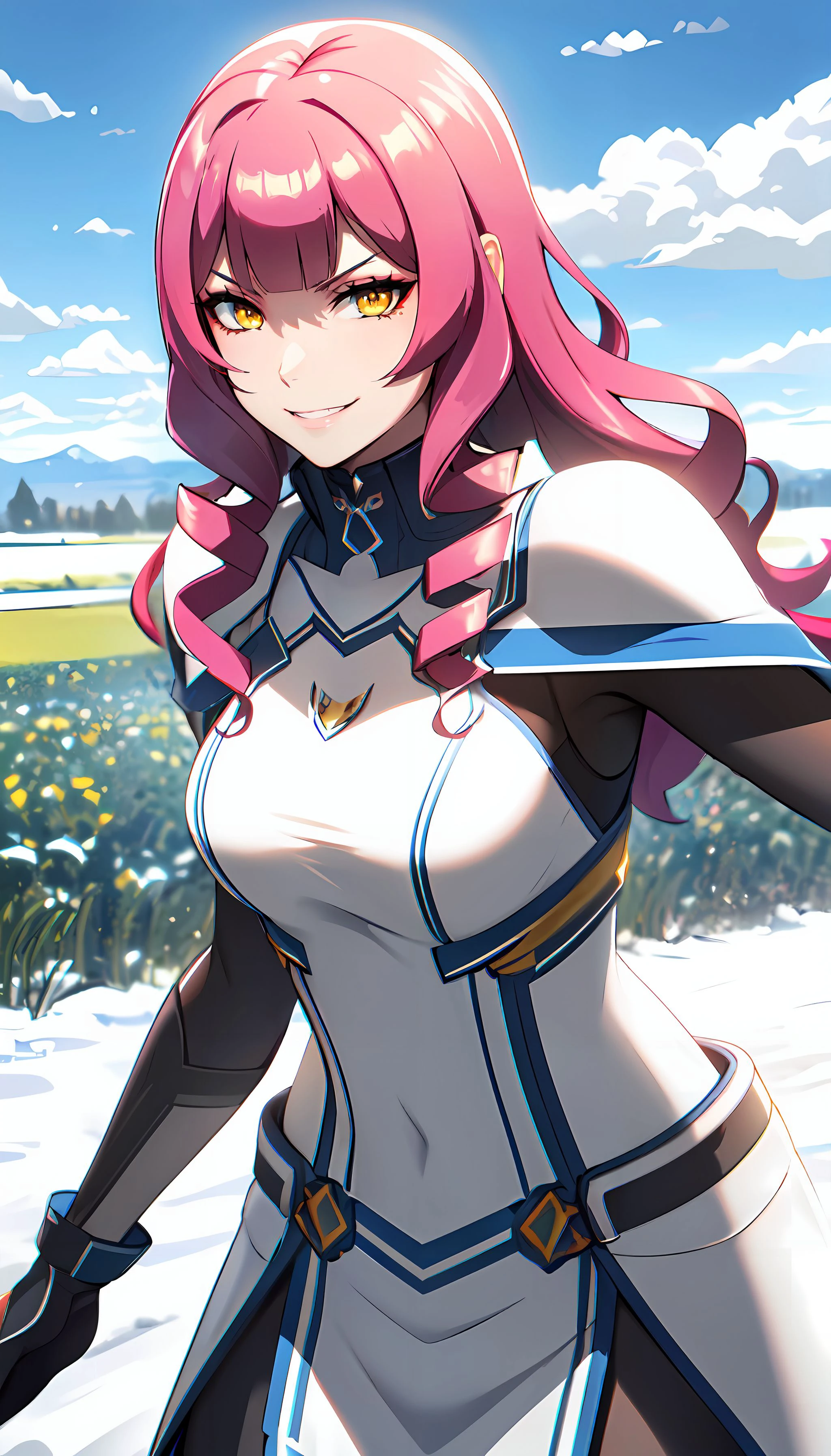 photorealistic, (4k), (Masterpiece), (realistic skin texture), extremely detailed, intricate, hyper detailed, high resolution, sharp detail, best quality, woman, white armor, blue trim, long hair, pink hair, yellow eyes, cowboy shot, <lora:Memil-000004:0.7> , dynamic pose, evil smile, seductive eyes, (snow covered field), blue sky, clouds, <lora:improve_backgrounds:0.8> ,