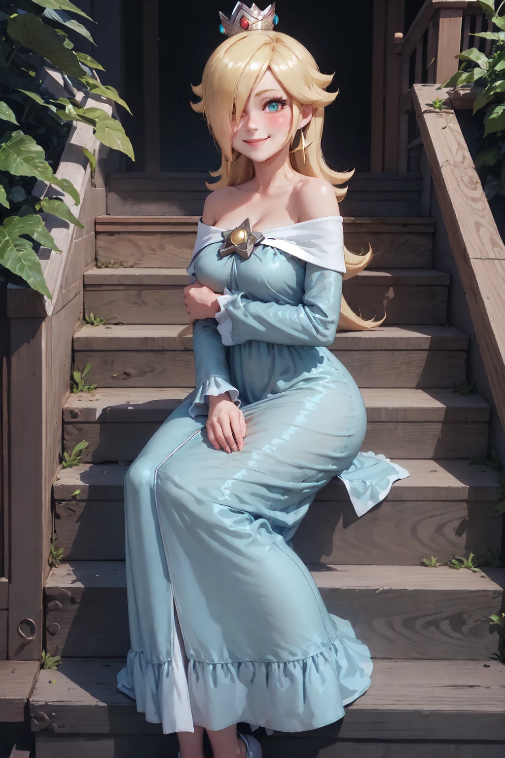 1girl, IncrsRsln, hair over one eye, <lora:RosalinaV3:1>, RslnDef, crown, bare shoulders, off-shoulder dress, long sleeves, aqua dress, blue dress, long dress, luma \(mario\), cowboy shot, smile, seductive smile, blush, stairs, sitting,