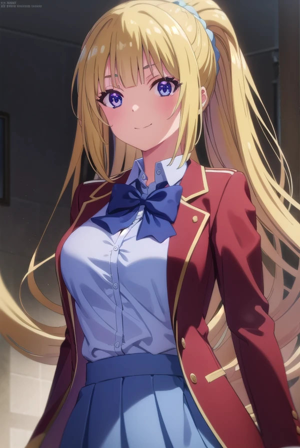 keikaruizawa, <lora:kei karuizawa s2-lora-nochekaiser:1>, 
kei karuizawa, long hair, bangs, blunt bangs, (purple eyes:1.1), blonde hair, shirt, hair ornament, ponytail, scrunchie, blue scrunchie, smile,
BREAK skirt, shirt, bow, school uniform, jacket, (red jacket:1.2), pleated skirt, bowtie, sweater, (blue bow:1.2), (blue shirt:1.2),
BREAK indoors, classroom,
BREAK looking at viewer, (cowboy shot:1.5),
BREAK <lyco:GoodHands-beta2:1>, (masterpiece:1.2), best quality, high resolution, unity 8k wallpaper, (illustration:0.8), (beautiful detailed eyes:1.6), extremely detailed face, perfect lighting, extremely detailed CG, (perfect hands, perfect anatomy),