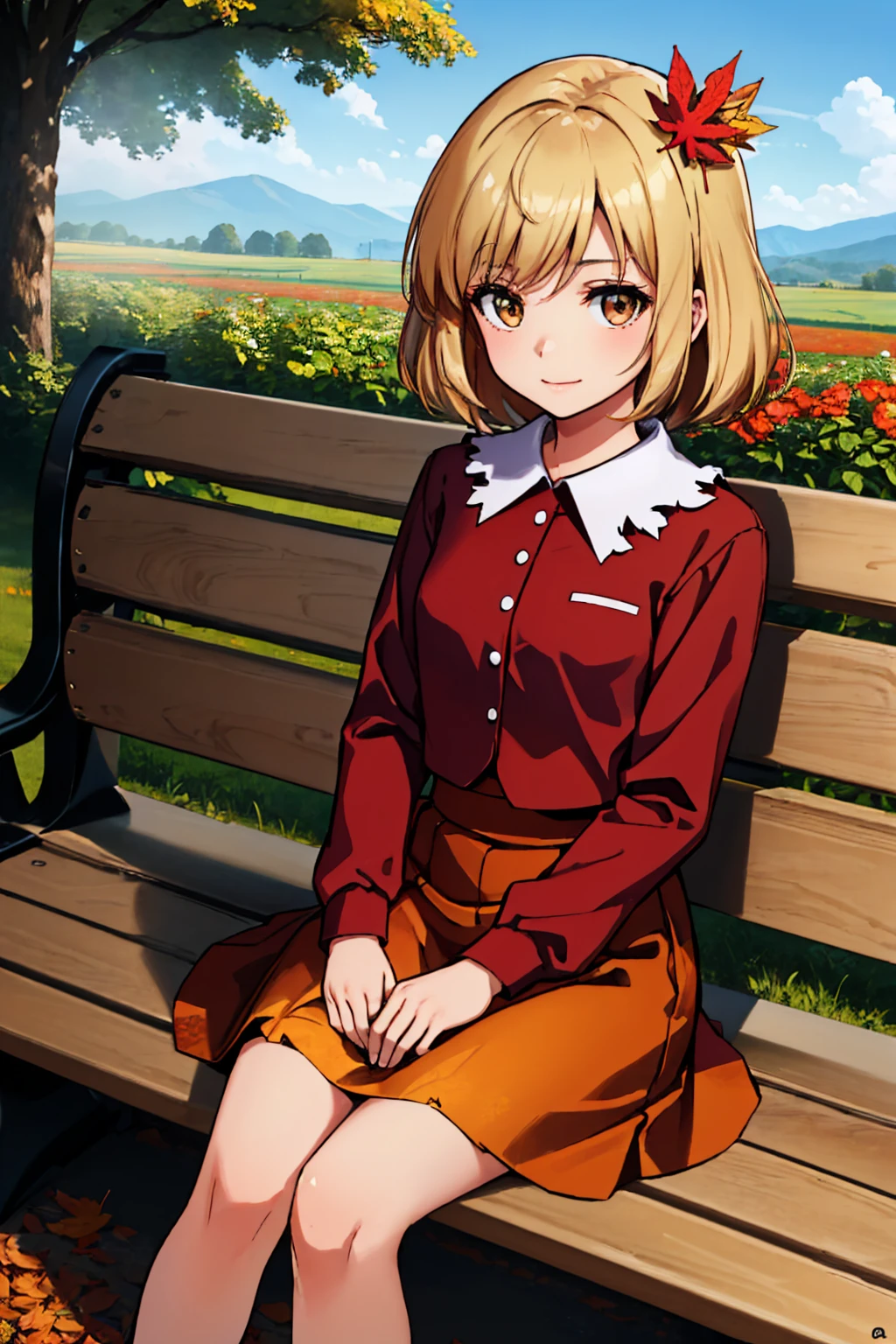 (masterpiece, best quality:1.2), outdoors, autumn leaves, solo, 1girl, aki shizuha, slight smile, looking at viewer, sitting, bench, leaf hair ornament, red shirt, long sleeves, skirt <lora:touhou_shizuhaaki-10:1>