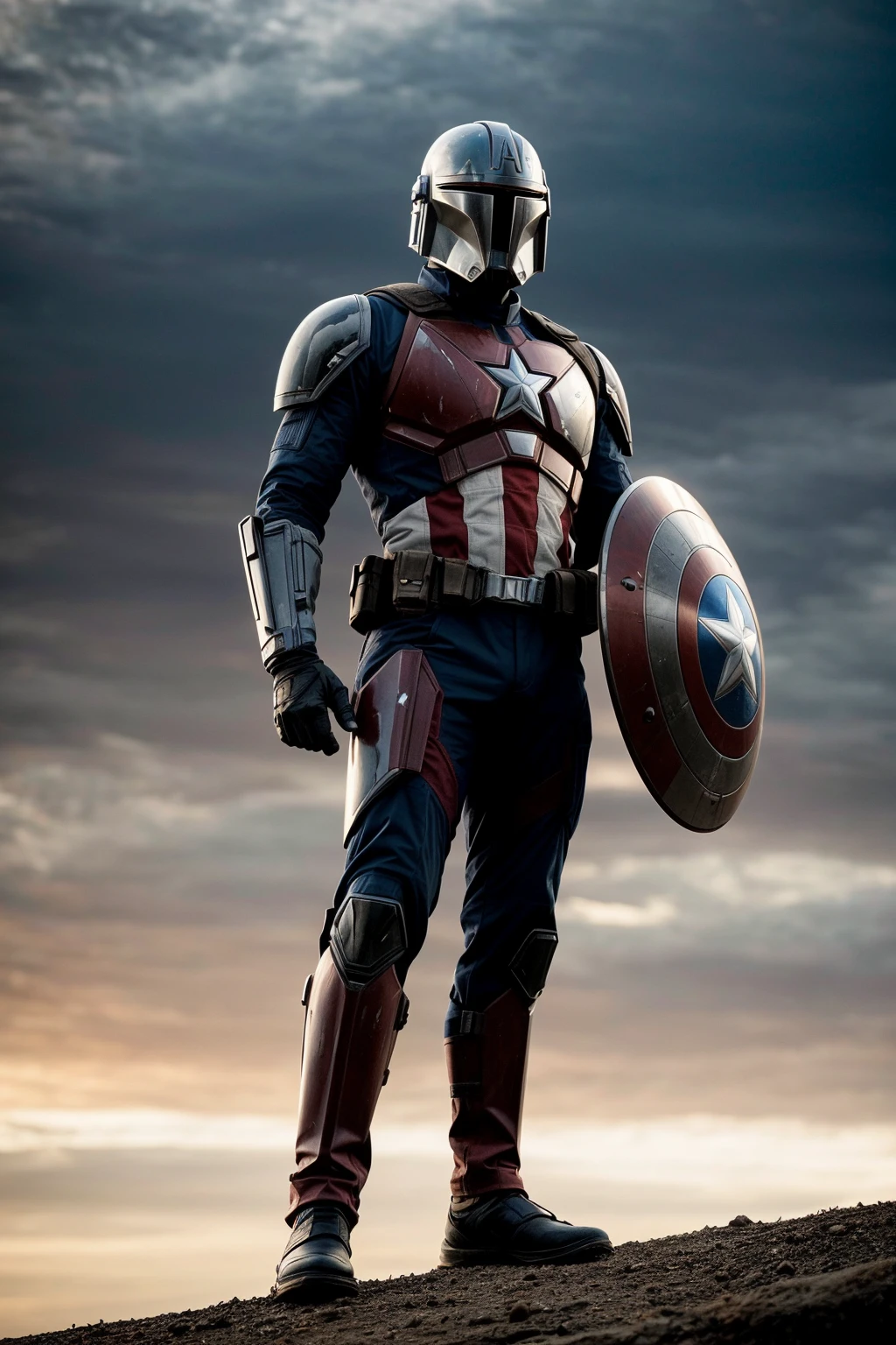 Extremely detailed and ultra - realistic full body illustration of Captain America as a Mandalorian,his helmet retaining the trademark winged A design of his classic mask,blended seamlessly with the traditional Mandalorian T - visored helmet. The helmet's reflection captures the intensity of the battle scene around him. He's holding his iconic shield,which now shows a blend of vibranium and beskar steel aesthetics,reflecting the world around him in its polished surface. His posture is vigilant and ready for combat. The backdrop is a gritty,smoke - filled battlefield under an overcast sky,as if rendered by Unreal Engine 5,giving a tangible sense of looming danger and high stakes. This piece carries an anime influence as inspired by the Niji model,adding a stylized edge to the hyper - realism. Portrait orientation with a ratio of 9:16 completes the epic composition, <lora:difConsistency_photo:0.25>, <lora:difConsistency_detail:0.25>