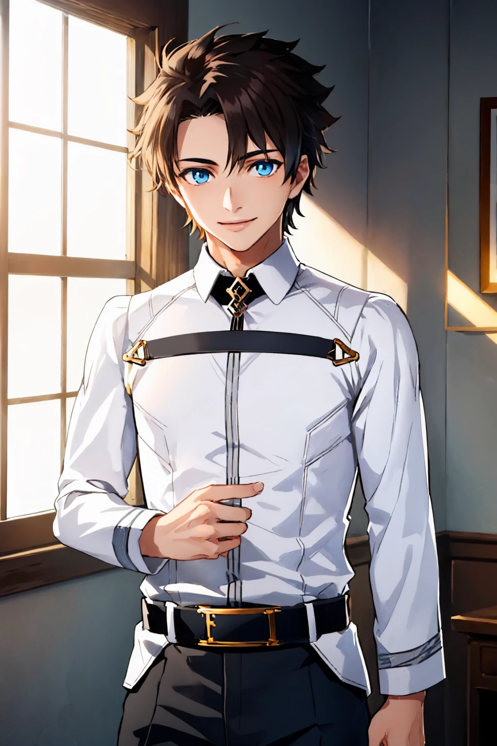 (masterpiece, best quality:1.2), solo, male focus, 1boy, malefujimaru, smile, looking at viewer, chaldea uniform, long sleeves, pants, belt <lora:fate_malefujimaru-10:1>