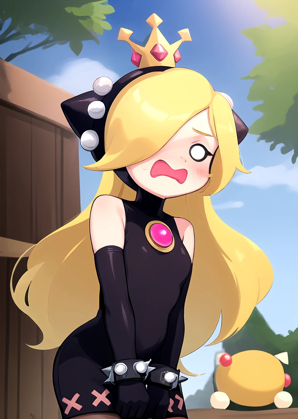 <lora:GoodHands-beta2:1> 1girl, <lora:Walpeach-10:0.8> walpeach, black dress, purple gloves, spiked bracelet, black headgear,
blush stickers, outdoors, hair over one eye,
<lora:wavymouth_type3_v100:1> open mouth, wavy mouth, surprised,
<lora:hotarueye_whiteeye8_v100:1>
<lora:Hizake:0.8>