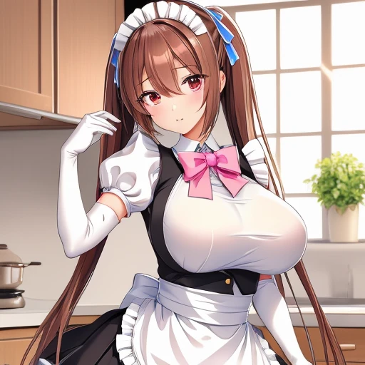masterpiece,high quality,high highres,1girl,Myoudou_Mei,white gloves,black pantyhose,pink bowtie,micro skirt,elbow gloves,maid headdress,waist apron,puffy sleeves,upper body,kitchen,<lora:Myoudou_Mei:0.6>,