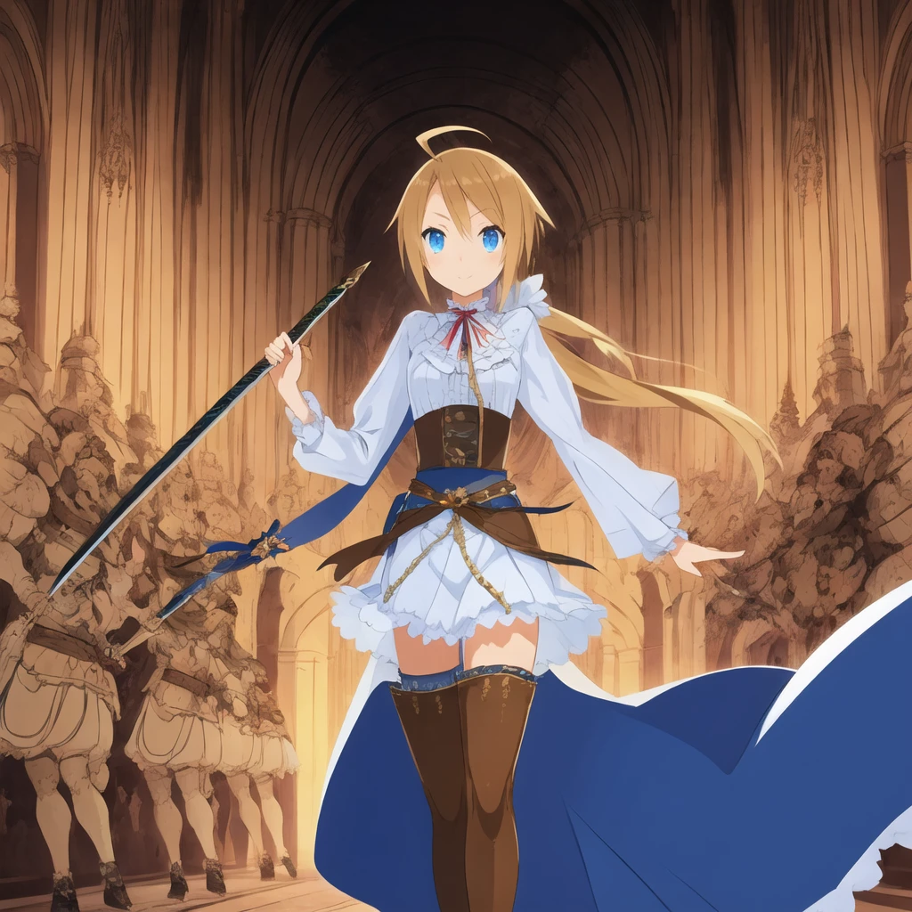 <lora:Eureka:0.6>,Eureka,long hair,hair ribbon,ponytail,full dress,blond hair,blue eyes,Eureka fighting in the coliseum, sword, armor, 1boy, young man with a spear,
