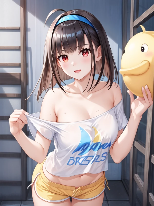 <lora:Independence_v1:1> red eyes, very long hair, white shirt, ahoge, hairband, shorts, off shoulder, soles, dolphin shorts, independence_(azur_lane), <lora:flatBG:-0.5> ,<lora:flat2:-0.5> ,<lora:hyperrefiner_v090:1> ,(dark light:1.2),(hyper extreme detailed),(masterpeace:0.5),(hyper extreme),(photorealistic),game cg,llustration,novel illustration,beautiful lighting,light from the front,good_hands,beautiful art ,BREAK