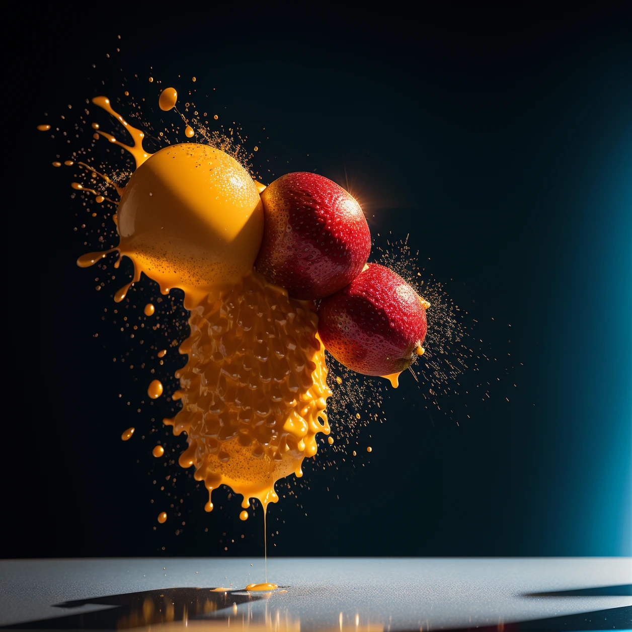 ,abstract, explosion, photorealistic, Food fruit LIQUID SPLASH, 3D BEEPLE STYLE, 8 k, 32 k, HDR, realistic,