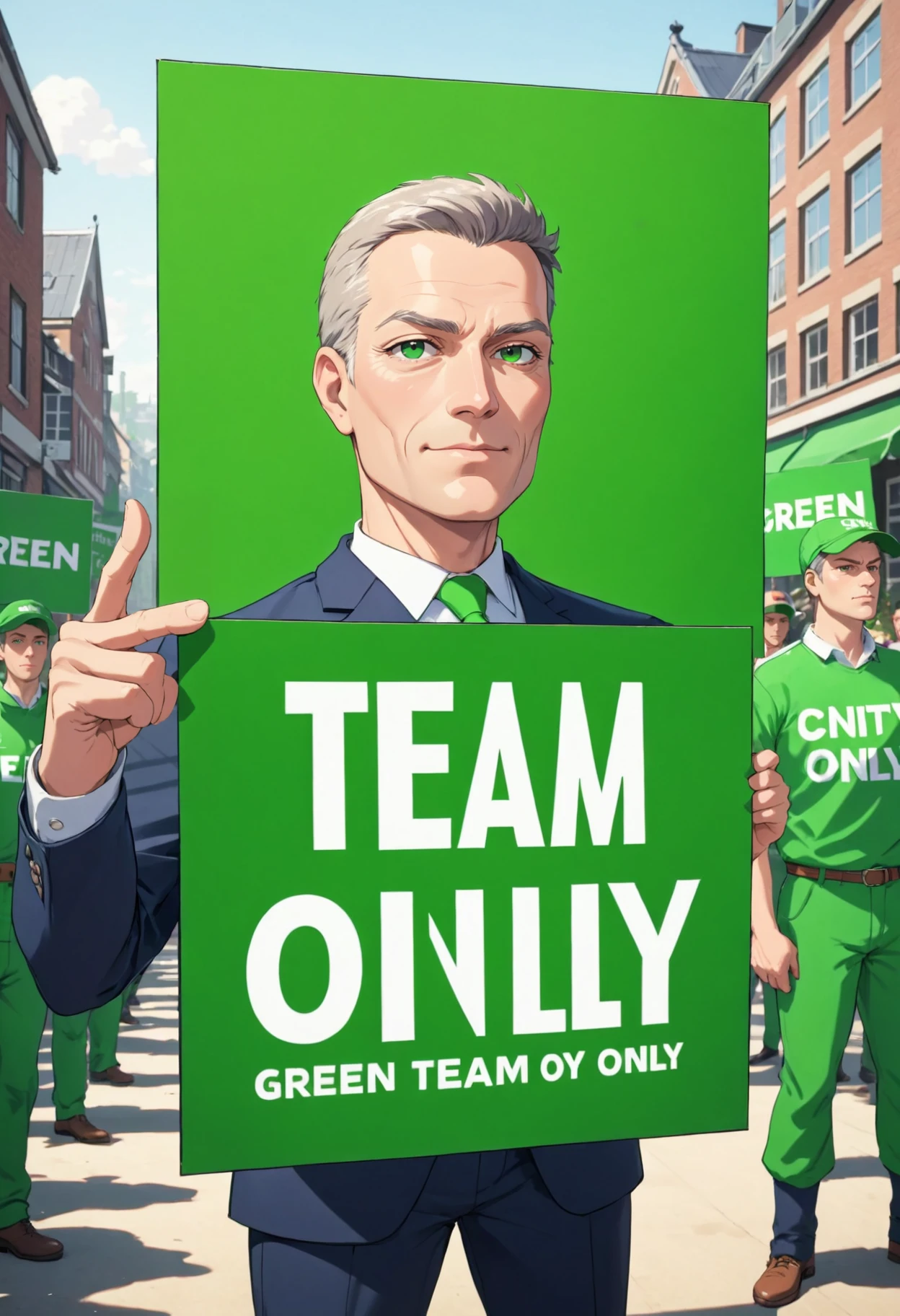 CEO of CivitAi, outdoors, protesting inequality, dutch angle, animated, flat color, ultra sharp, holding a sign that says GREEN TEAM ONLY