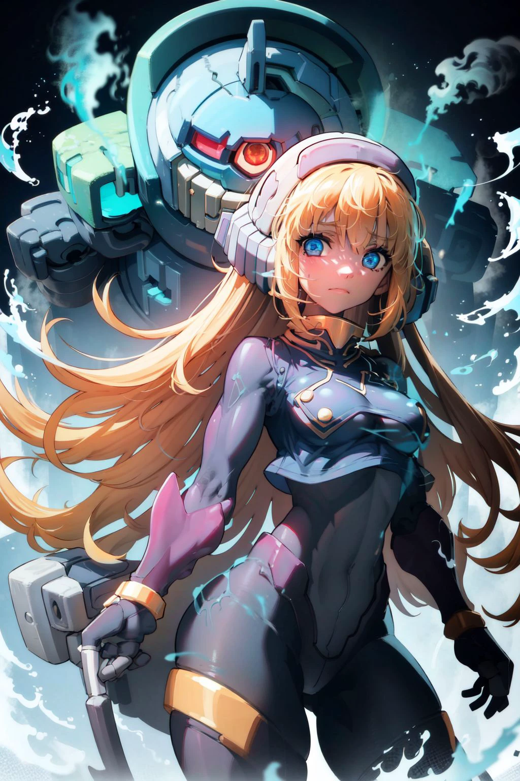 1girl, robot girl, looking at viewer, bronze hair, dark blue armor, cowboy shot <lora:tanziya_(codlxcold)_style_v01:1>