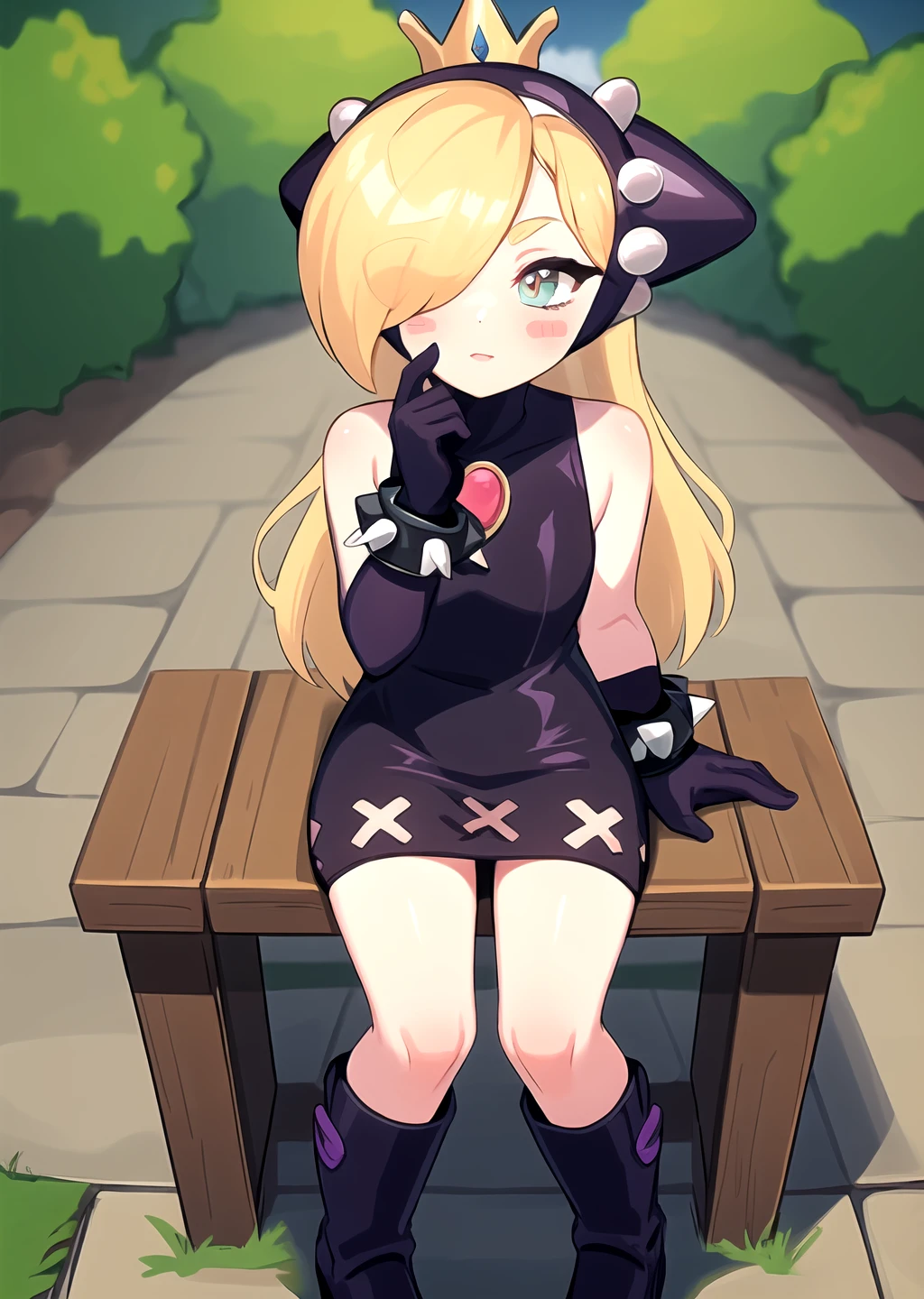<lora:GoodHands-beta2:1> 1girl, <lora:Walpeach-10:0.8> walpeach, black dress, purple gloves, boots, black footwear, spiked bracelet, black headgear,
blush stickers, outdoors, hair over one eye,