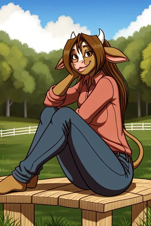 ((masterpiece)), best quality, 1girl, solo,  <lora:Bessie_V1:0.65>, (cow, brown eyes) sitting on the bench, clothing, pants, (detailed background, 4k, 2k), smile shyly face,