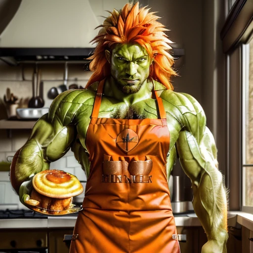 (((a monster wearing a apron making breakfast in the kitchen))<lora:BlankSF2V6Lora:0.6> serious look, lips tight,  green skin, muscular, orange hair, long hair, abs, light brown shorts with fur, hair on arms, 4k, high quality, ultra realistic, sharpen image, full body, Highly detailed