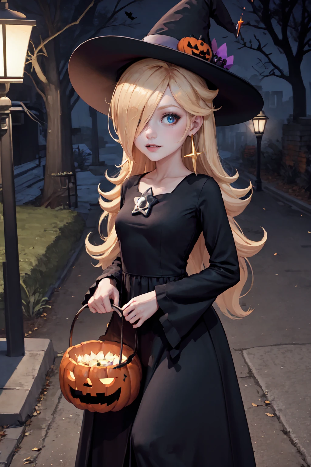 1girl, IncrsRsln, hair over one eye, <lora:RosalinaV3:0.75>, RslnHllwn, witch hat, pruple dress, halloween costume, purple headwear, black dress, long dress, night, halloween, halloween bucket, happy halloween, lamppost, looking at viewer,