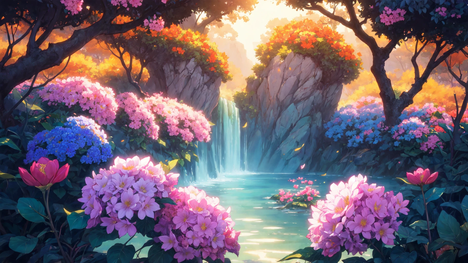soft and warm color, still,bright,vivid,dreamy,evocative use of light and shadow, incredible beauty,anime style,vibrant,studio anime, vibrant,beautiful,textural,(((masterpiece))),(((best quality))),((ultra-detailed)),impeccable, intricate details, outdoors, nature, scenery, flowers, hayao miyazaki style, <lora:add_detail:0.3>