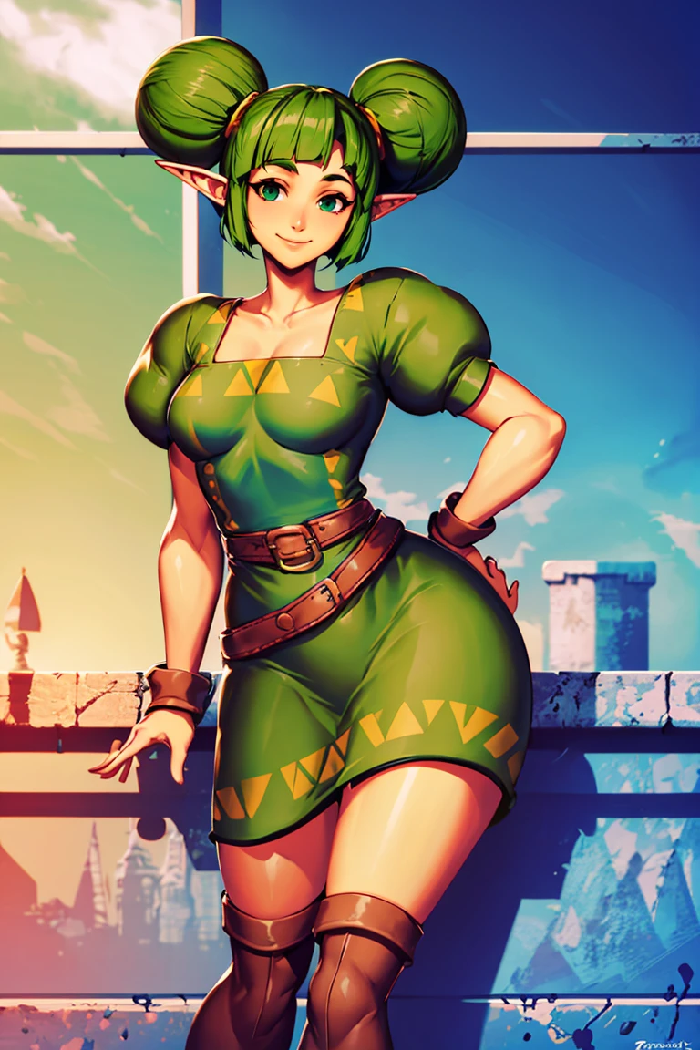 sorceress wearing a green dress and ((red panties)), blonde bobcut, gorgeous woman, ancient overgrown stone ruins, ((low-angle shot))
