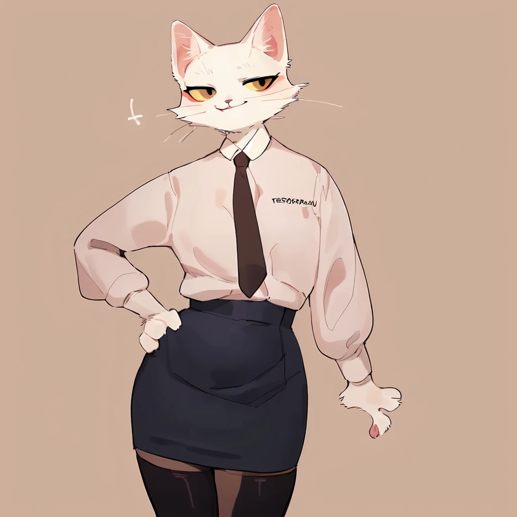 masterpiece,high quality,a furry cat,female,<lora:shao_qin_RE70:1>,thighhighs,pencil skirt,shirt,tie,by bebebebebe,by crayon,by haps,by personalami,smile,half-closed eyes,adjusting_thighhigh,