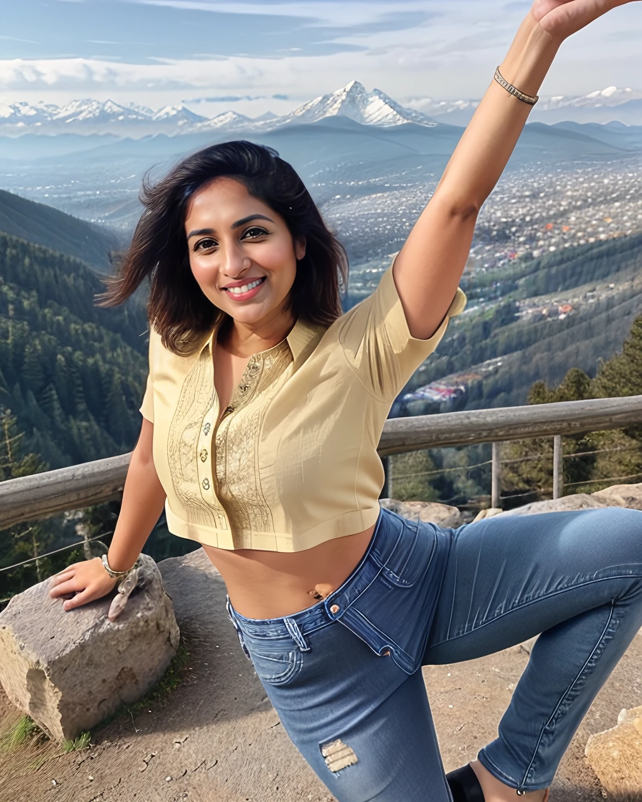 ultrarealistic photo of a 30-year-old desimocha woman, dynamic pose, wearing Jeans_with_kurta, smiling, on a mountain top background bokeh <lora:Desi_Coffee_SD15_LoRA_V2:0.6>