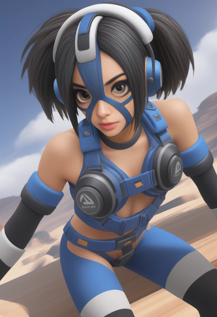 (masterpiece, best quality, ultra_detailed, highres, absurdres:1.2), Pretty 1girl, speakini, multicolor short hair, (black and white hair:1.3), (blue skin:1.5), (slight smile:0.8), (mask:0.75), face straps, bra, bare shoulders, wristbands, dark gray elbow gloves, dark gray thighhighs, fingerless gloves, neck choker, vibrator, harness, headphones, cybernetics, looking at viewer, safari hut, sit on a couch, jumping, dynamic pose, solo, alone, anime, ((volumetric, rim) lighting:1.3), (full body:1.5), <lora:speakini_xl-gen1-v1.2-000143:0.425>