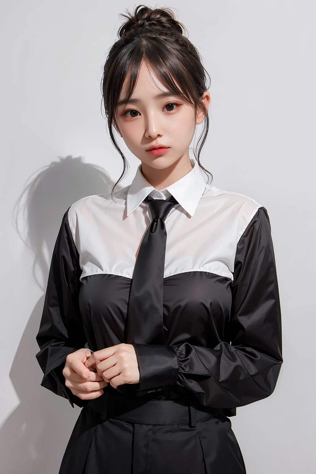 1girl, black formal shirt,white background, <lora:Munkaew-02:1>