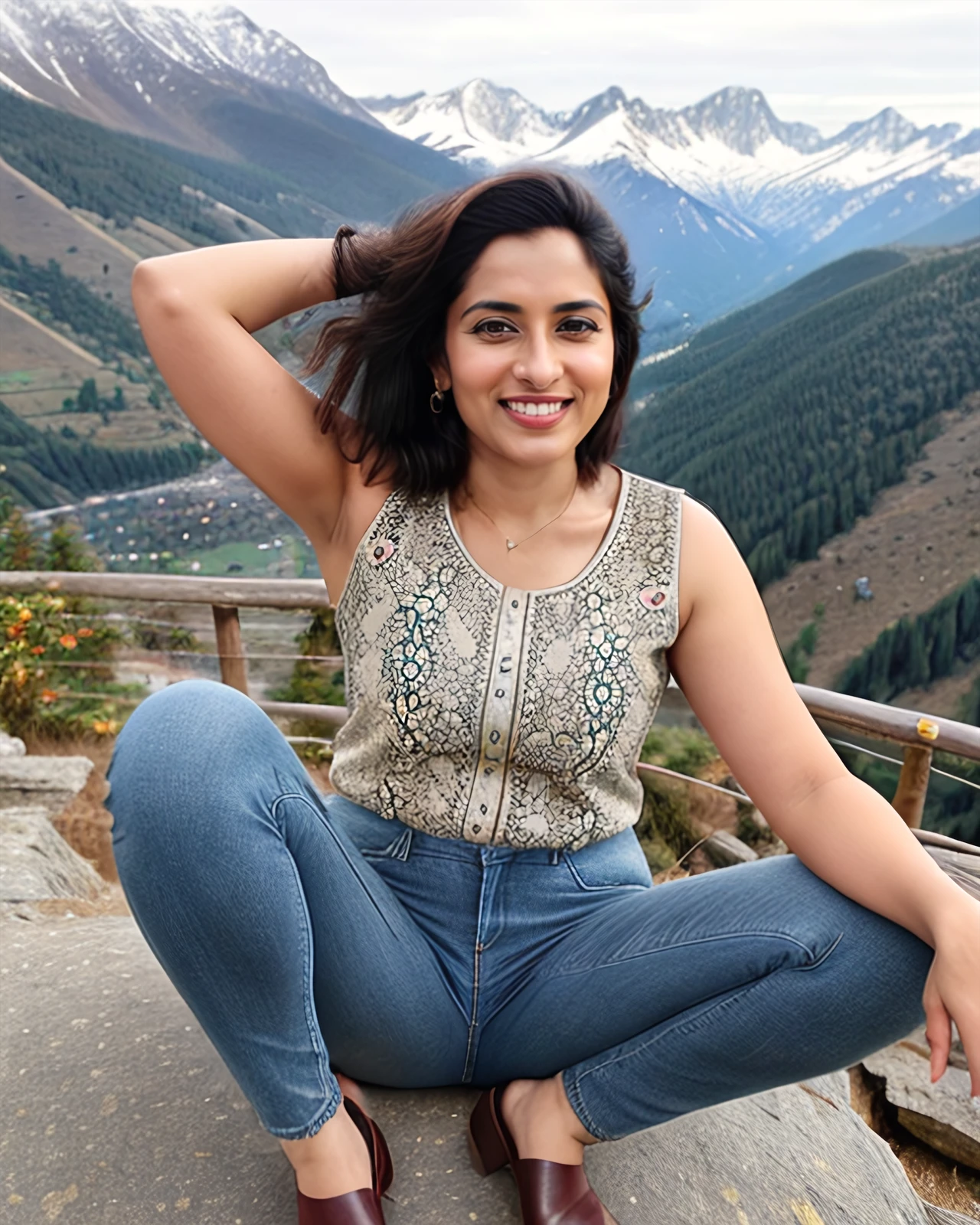 ultrarealistic photo of a 30-year-old desimocha woman, dynamic pose, wearing Jeans_with_kurta, smiling, on a mountain top background bokeh <lora:Desi_Coffee_SD15_LoRA_V2:0.6>