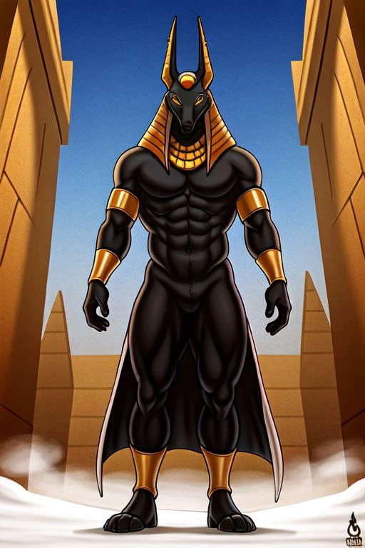 ((masterpiece)), best quality, 1boy, solo,  (anubis:1.2) standing (Egypt) (detailed background, 4k, 2k, outside, snow, lateral body:0.8), <lora:DariusV1:0.65>