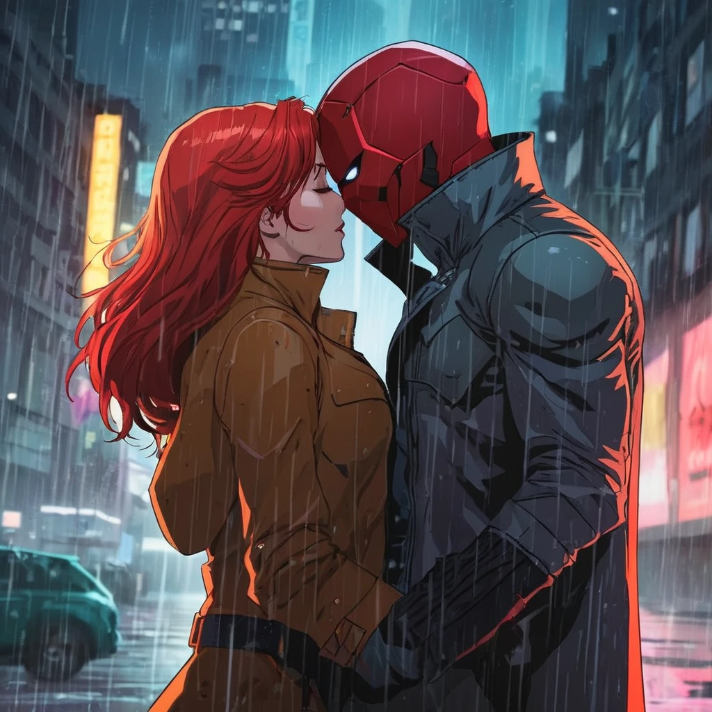 anime artwork of <lora:Red Hood:1.2>
Red Hood a couple kissing in the rain with a red hood on in Gotham city universe, anime style, key visual, vibrant, studio anime, highly detailed