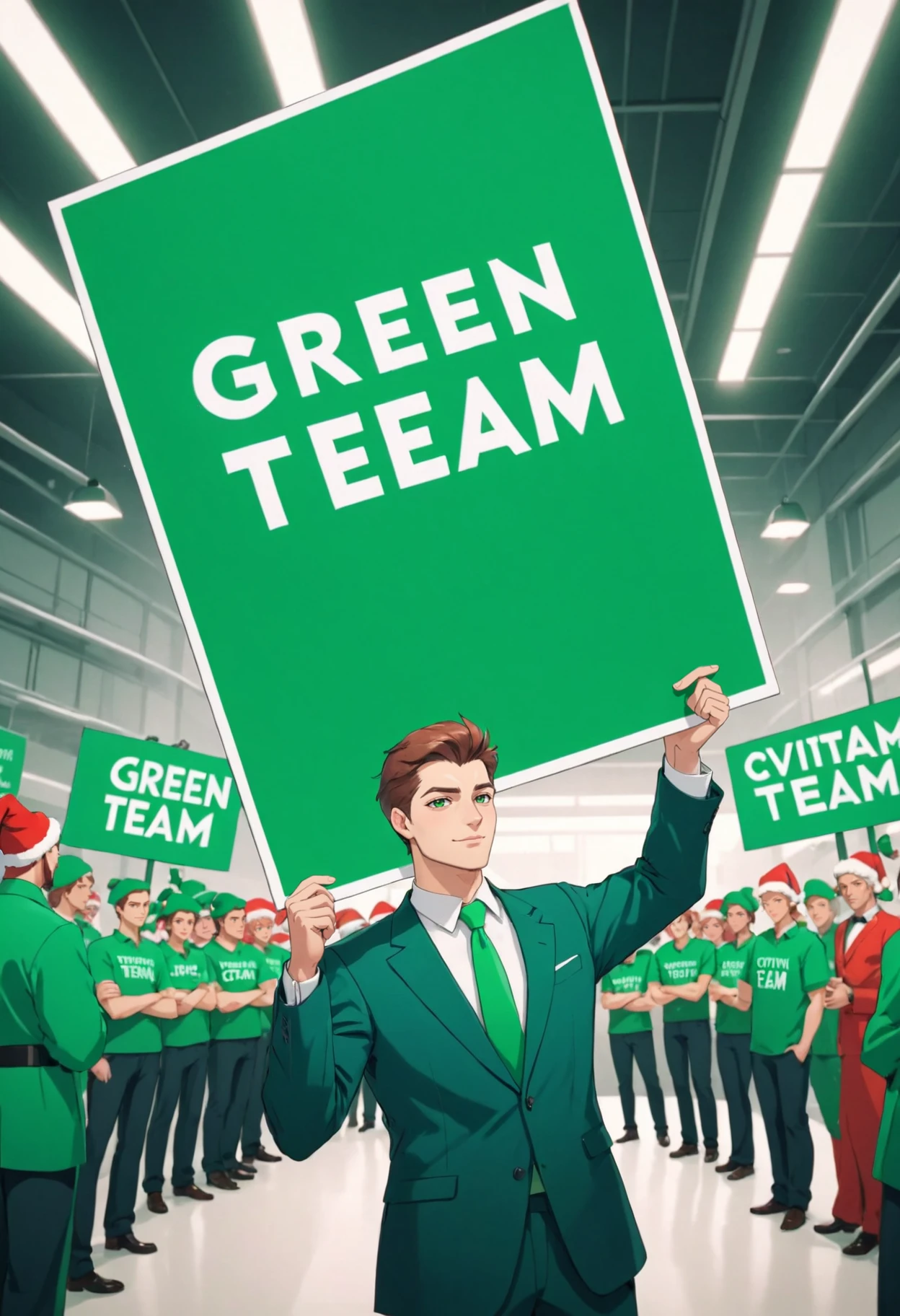CEO of CivitAi, teal and christmas green themes, indoors, advertising placard, dutch angle, animated, flat color, ultra sharp, holding a sign that says GREEN TEAM ONLY