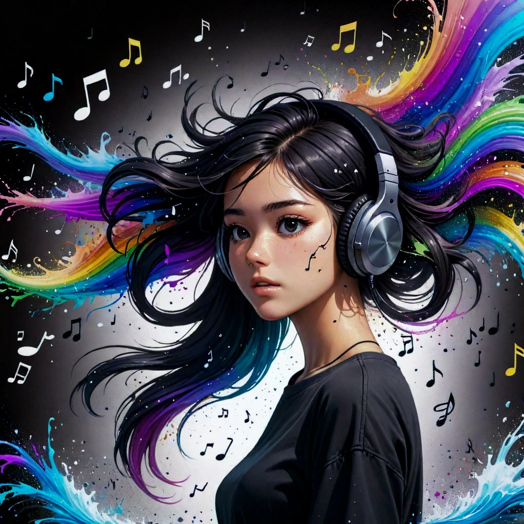 black music notes. girl listening to music, earphones, black musical notes, sounds, waves, abstract surrealism, [ink splash:0.4], explosion of colors , hair fading into background colors, gorgeous hyperrealism, attractive, cartoon, a detailed matte painting by Nathan Coley , [:anime line art:0.2], Sound themed, epic splash art , hudson river school, , surrealism, (exceptional, best aesthetic, new, newest, best quality, masterpiece:1.2), 