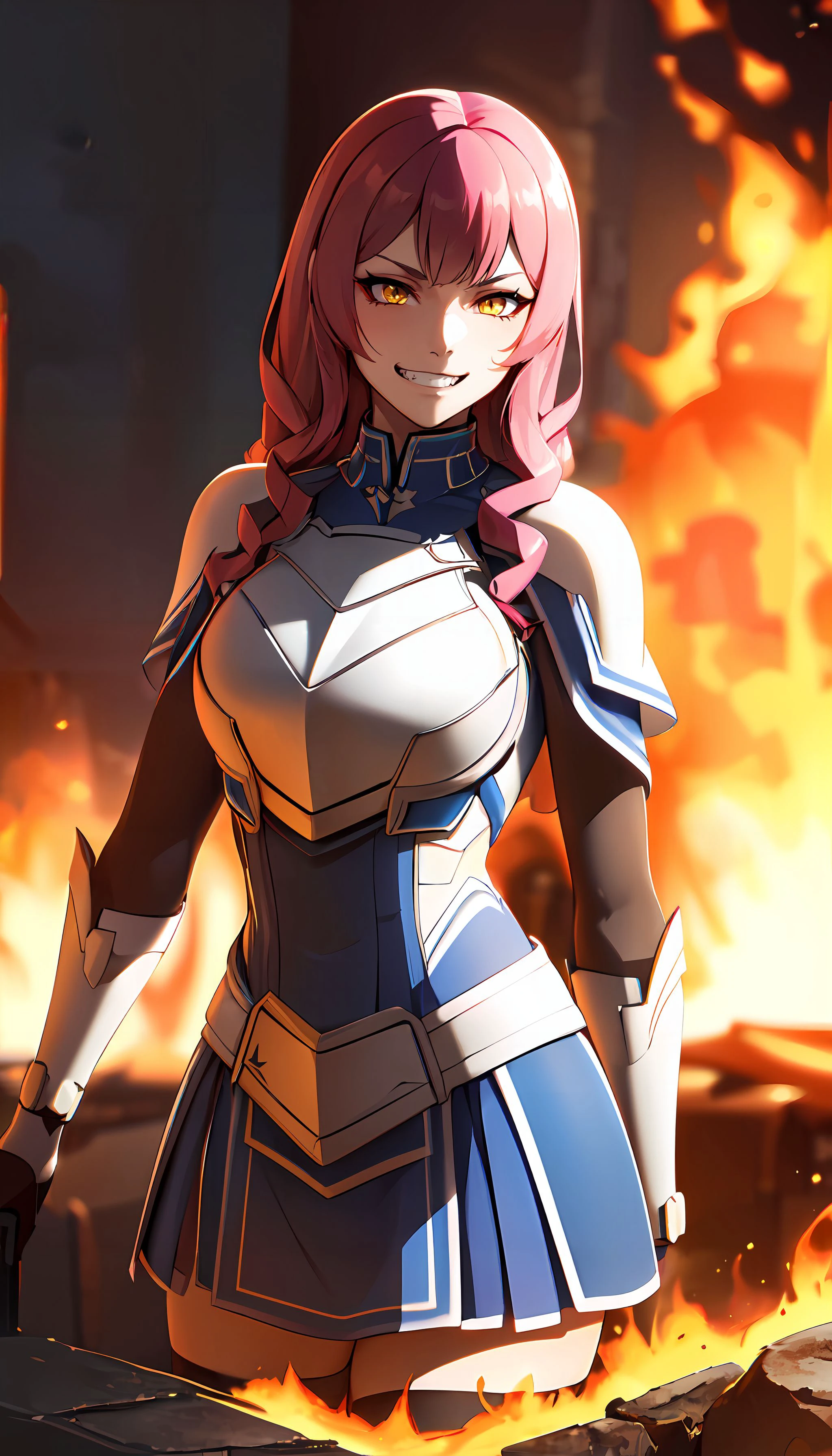 photorealistic, (4k), (Masterpiece), (realistic skin texture), extremely detailed, intricate, hyper detailed, high resolution, sharp detail, best quality, woman, white armor, blue trim, blue miniskirt, black thighhighs, long hair, pink hair, yellow eyes, <lora:Memil-000004:0.7> ,burning medieval city, burning, flames, full body, <lora:GoodHands-beta2:0.8> , <lora:BetterFeet:0.8> , evil grin,