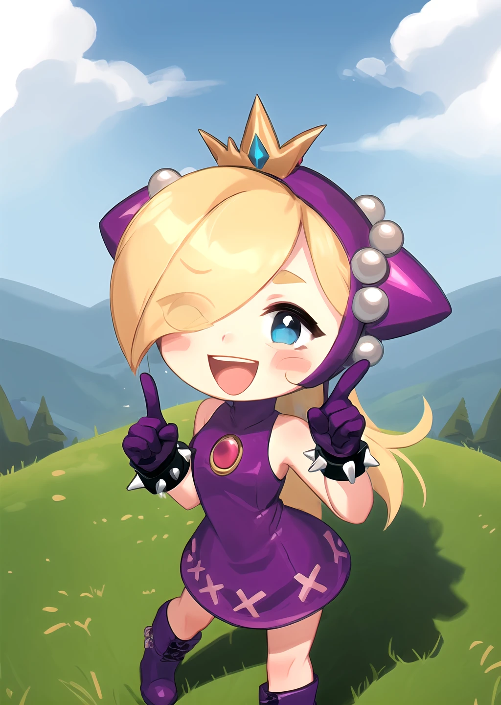 <lora:GoodHands-beta2:1> 1girl, <lora:Walpeach-10:0.8> walpeach, purple dress, purple gloves, boots, purple footwear, spiked bracelet, purple headgear,
blush stickers, outdoors, hair over one eye, blue eyes, happy, petite, from above, pointing,
<lora:porforever_e14:0.65>