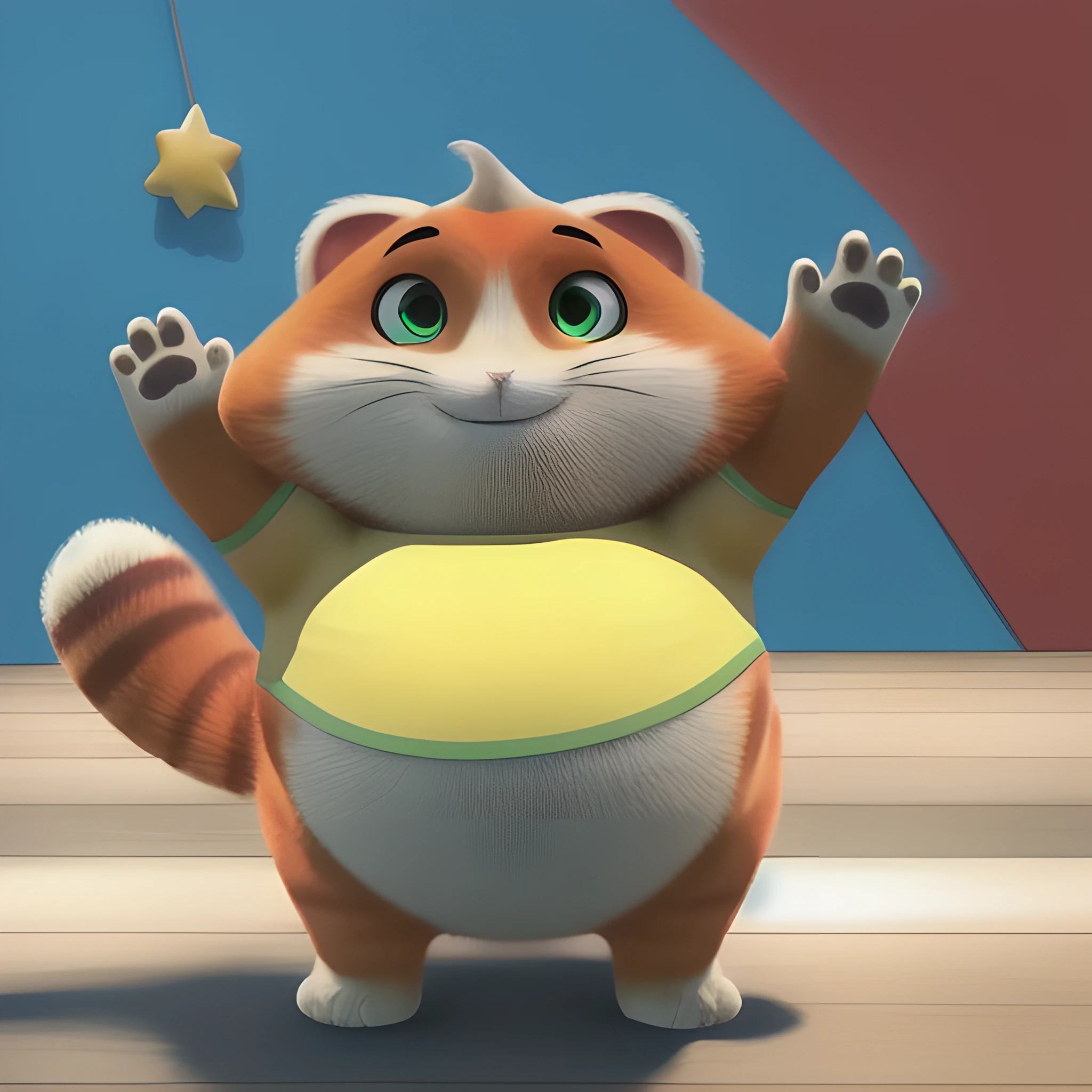 mammal, furry, not human, solo, hi res, absurd res, digital media \(artwork\), 1:1, 2023, D background, solo focus, shaded, portrait, fur, meatball, cat, overweight, yellow shirt, green eyes, orange fur, white fur, two toned fur, striped fur, bottomless, front view, smile, short stack, waving, standing, biped, anthro, big belly <lora:MeatballRock_Lora-10:0.7>