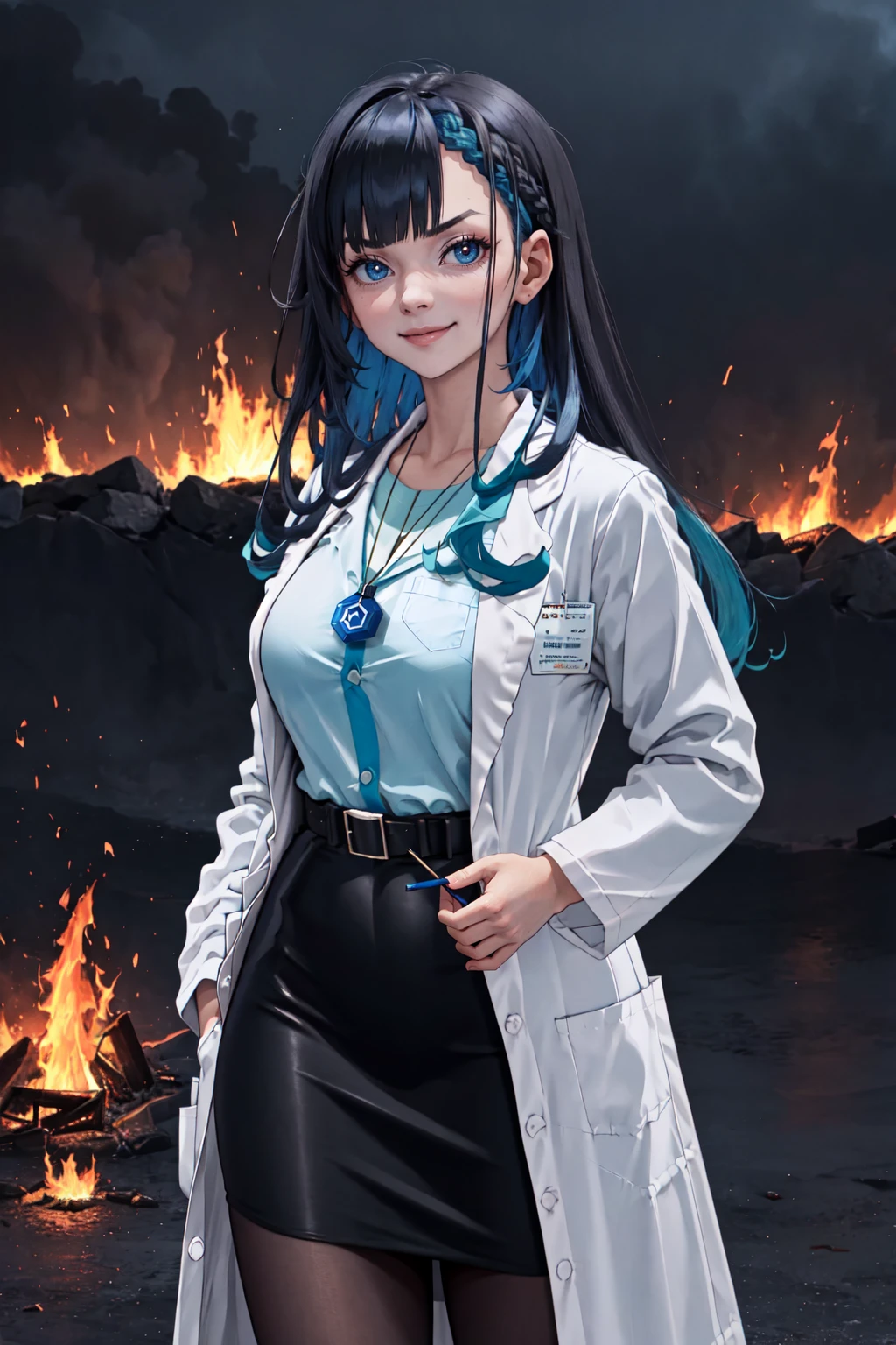 partying,  fire in the background,  civitai-chan,  braided bangs,  labcoat,  shirt,  shirt tucked in,  single vertical stripe,  black skirt,  pencil skirt,  pantyhose,  necklace,  belt, crazed expression, smirk, wide eyes, insane, <lora:gijinkaseries_civitai:0.8>