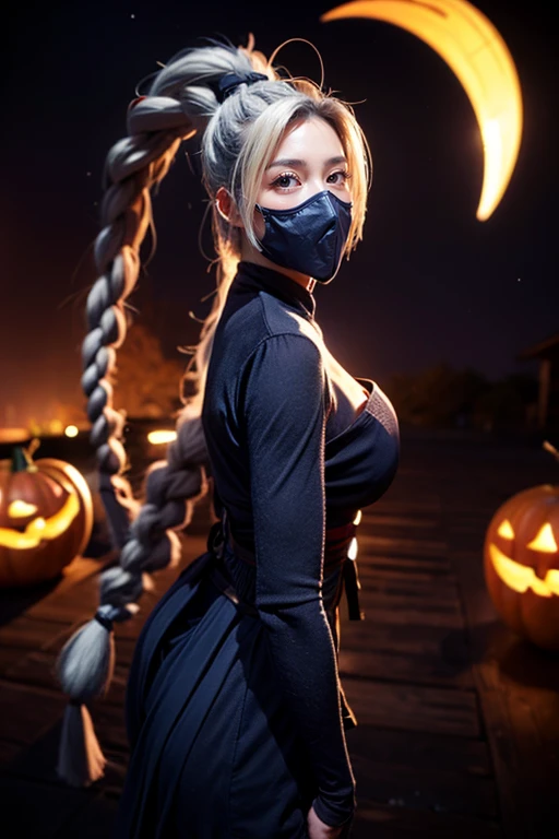 <lora:add_detail:1>, <lora:AiRi:0.8>, <lora:Halloween-07:1>, (masterpiece),((ultra-detailed)), (highly detailed CG illustration),(expressionless), (best quality:1.2), 1girl, solo, white hair, long hair, very big breasts, very big ass, thighhighs, jewelry, medium breasts, very long hair, ponytail, braid, mask, covered mouth, ninja, ninja mask, witch hat, halloween, dress, night sky