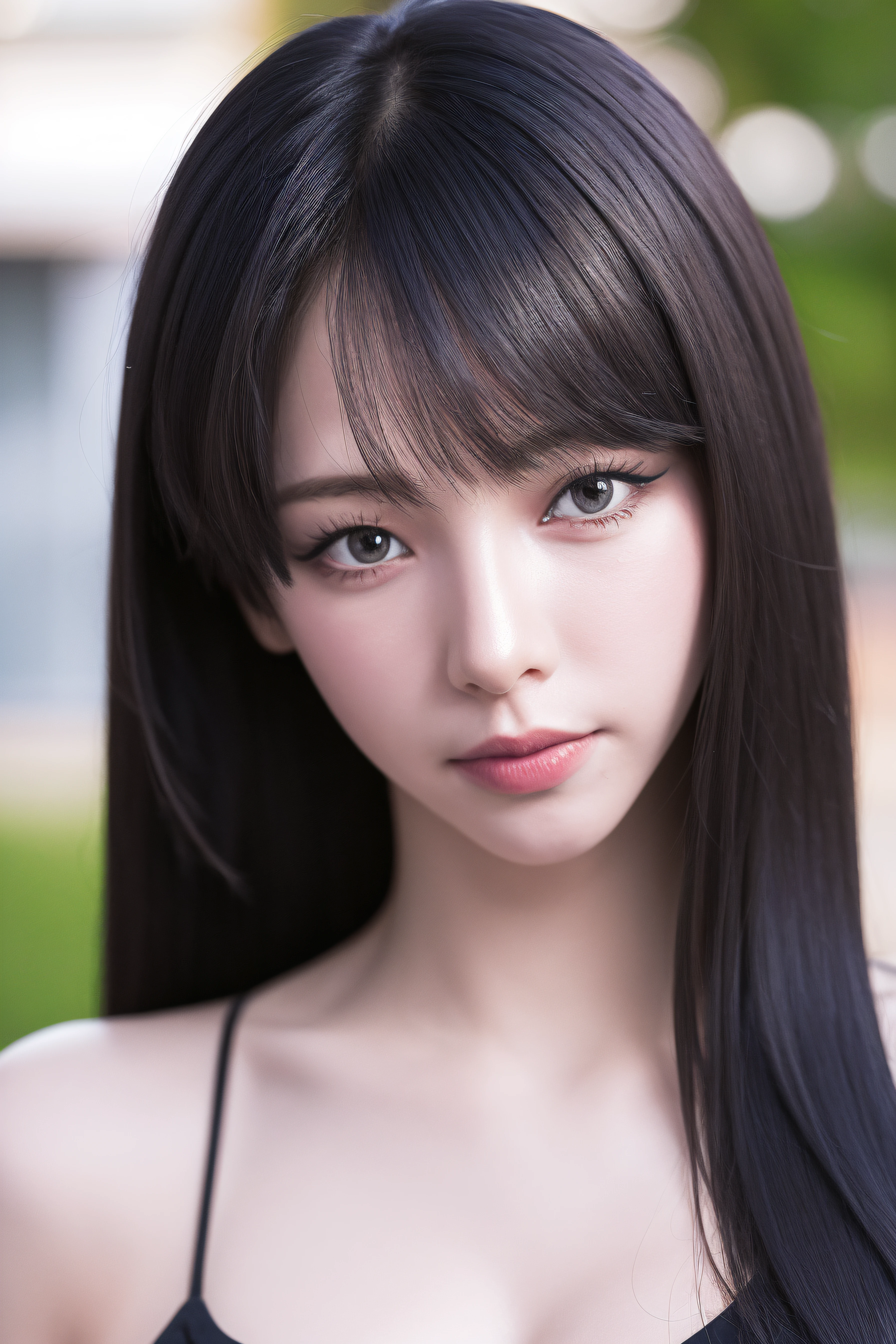 (best quality, highres:1.1), (realistic, photo-realistic:1.1),
1girl, close-up, face, black hair, long hair, soft lighting, (looking at viewer:1.8), depth of field, bokeh, parted lips, blunt bangs,