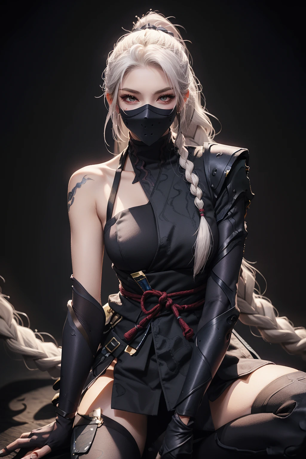 <lora:AiRi:0.6> solo, white hair, long hair, big breasts, thighhighs, jewelry, medium breasts, very long hair, ponytail, braid, mask, covered mouth, ninja, ninja mask, 1girl,in the dark