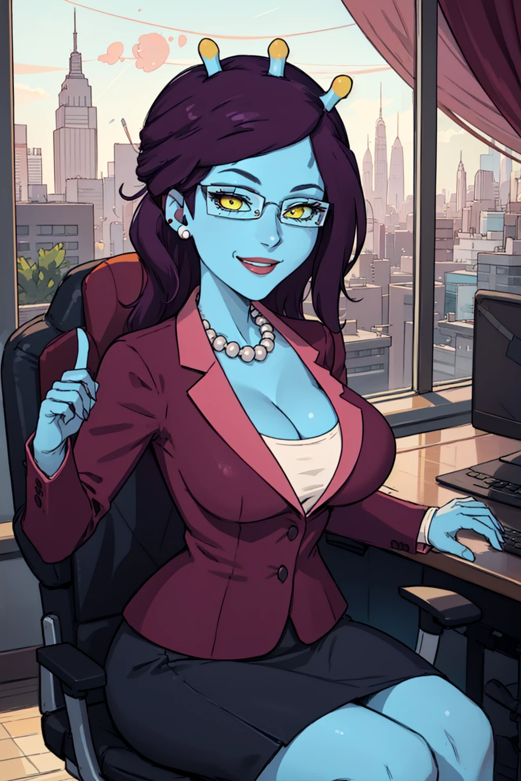 unity, 1girl, solo, blue skin, long hair, jewelry, necklace, breasts, glasses,1girl, solo, cleavage, purple hair, , yellow sclera, suit,skirt, earrings,long sleeves, , antennae,looking at viewer, smile,sitting, office chair, <lora:unity2.0-000007:0.6>