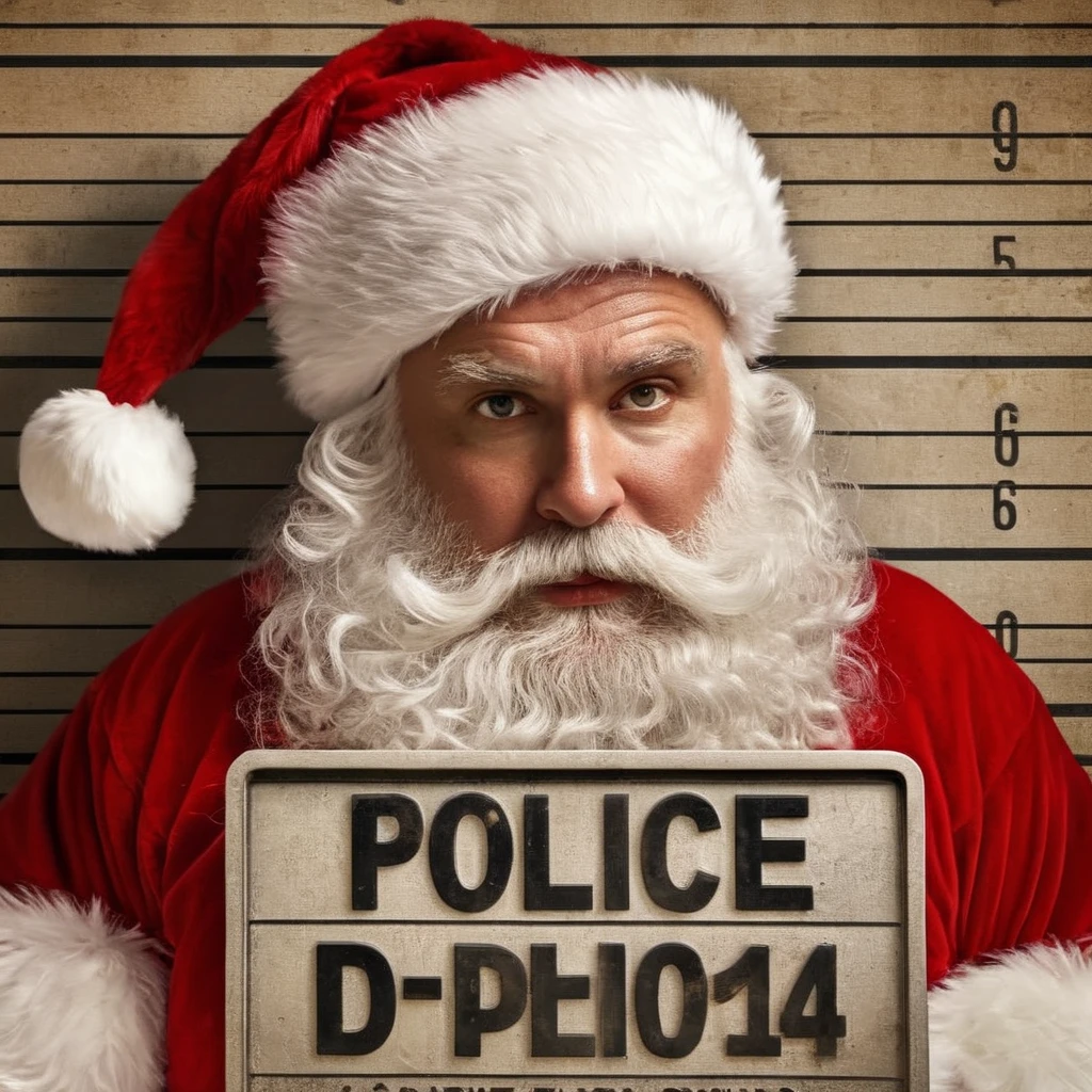 Hyperrealistic art of  <lora:Santa Claus:1.2>
Santa Claus a villain santa claus mug shot with a police department sign in Christmas Eve, Extremely high-resolution details, photographic, realism pushed to extreme, fine texture, incredibly lifelike