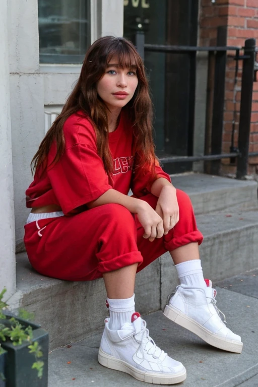 close up photograph of malina weissman, from side, sitting on the stoop, sweatpants, red shirt, sporty fashion, hi-top sneakers, shoes, nyc, hands folded, concrete, long brown hair, white socks, brick townhouse, movie still <lora:Malina_Weissman:0.85>