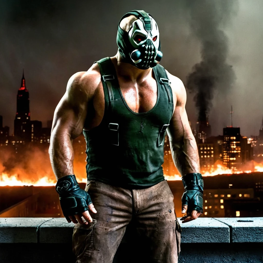 Horror-themed,  <lora:Bane_Stand-alone:1.2>
Bane a shredded body man in a vest mask standing on a ledge watching a city burns in Gotham city, Eerie, unsettling, dark, spooky, suspenseful, grim, highly detailed
