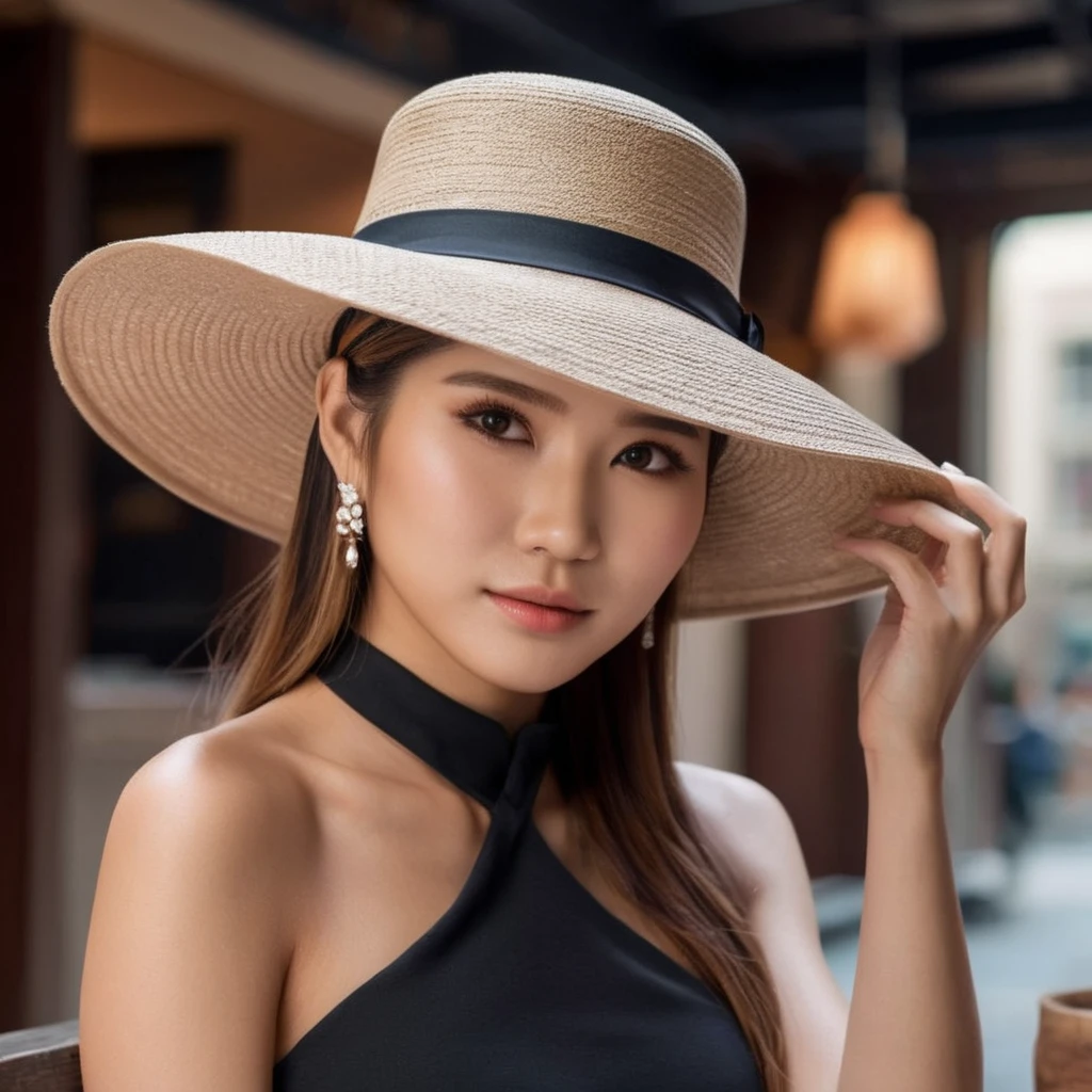 Hyperrealistic art of  <lora:Naomi Wu:1.2>
Naomi Wu a woman in a hat and dress posing for a picture Instagram model, Extremely high-resolution details, photographic, realism pushed to extreme, fine texture, incredibly lifelike