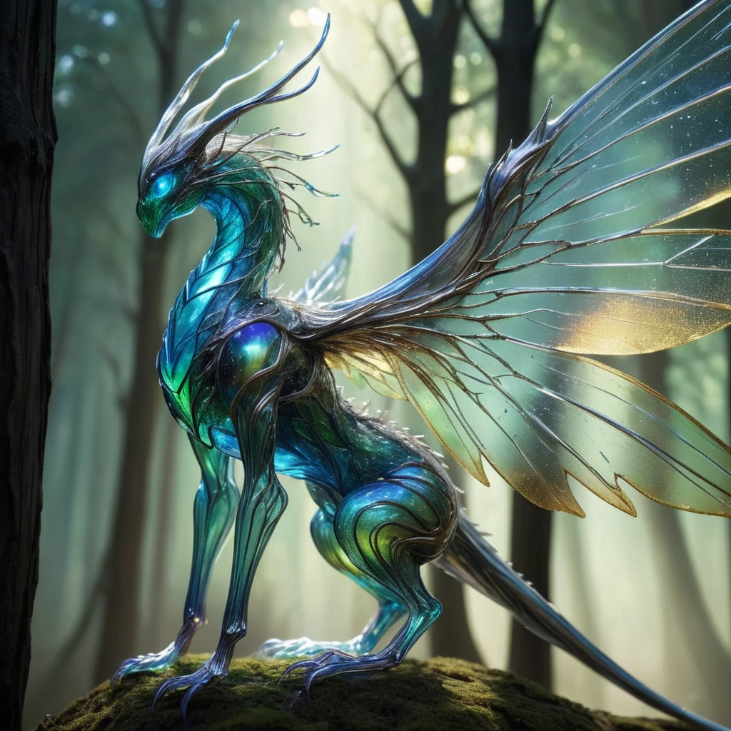 a gigantic creature, crafted from a blend of iridescent glass and tree. Its body is sleek and smooth, shimmering in the light as if made of liquid silver. limbs are slender and graceful ending in pointed tips,  fragile,ethereal appearance,strength and resilience, carved from the very essence of the earth itself. eyes are large and expressive, glowing with a soft blue light ,From its back sprouts a pair of translucent wings, their edges glinting with tiny flecks of gold and green. nature, sky, jagged, chiseled,