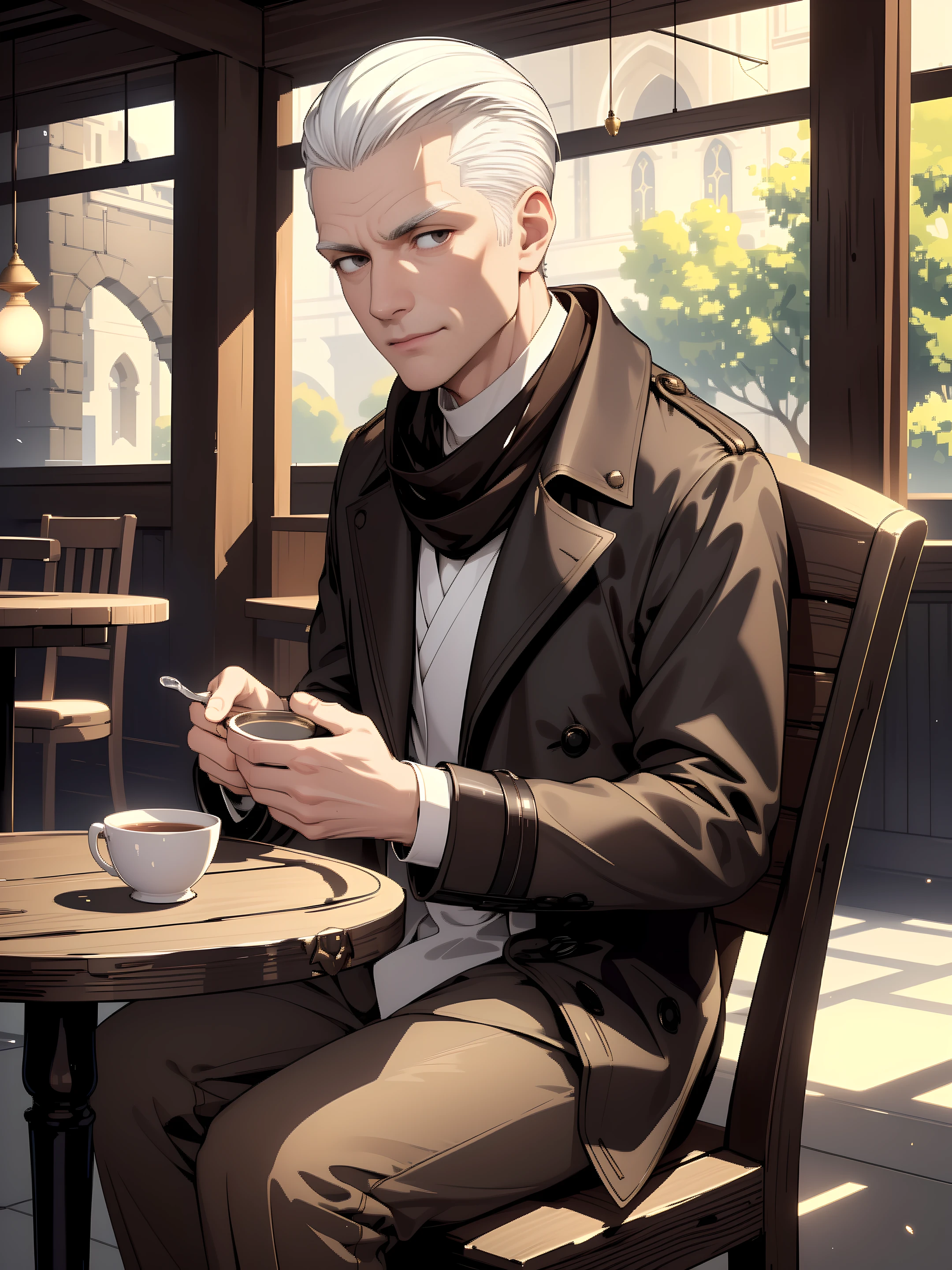 ((extremely detailed 8k illustration)), highres, (extremely detailed and beautiful background), ultra detailed painting, professional illustrasion, Ultra-precise depiction, Ultra-detailed depiction, (beautiful and aesthetic:1.2), HDR, (depth of field:1.4), colorful, vivid, beautiful detailed glow light particles, intricate:1.4, <lora:GoodHands-beta2:1>, nice hands, perfect hands, ((old man:0.9)), (tan), (((aged up))), ((black eyes)), ((narrow eyes)), (white hair:1.4), (very short hair), (slicked-back hairstyle:1.4), ((clean shaven face:1.3)), ((wrinkled skin)), ((gentleman)), 70 years old, (((dark brown:1.2) trench coat)) with ((matched colored scarf)), Abaya, (((kharki:1.5) chinos pants)), leather belt, leather shoes, smile, thinking, In the café, you'll find magical items on the tables that grant customers their wishes. Like Aladdin's lamp, the magical cups fulfill people's desires. The café is filled with magical energy, sitting,