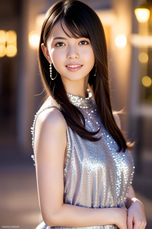 1girl,(wearing a sleeveless glittery dress:1.2),(RAW photo, best quality), (realistic, photo-realistic:1.4), masterpiece, an extremely delicate and beautiful, extremely detailed, 2k wallpaper, Amazing, finely detail, extremely detailed CG unity 8k wallpaper, ultra-detailed, highres, soft light, beautiful detailed girl, extremely detailed eyes and face, beautiful detailed nose, beautiful detailed eyes,cinematic lighting,city lights at night,perfect anatomy,slender body,smiling <lora:saitoasuka_lora:0.8>