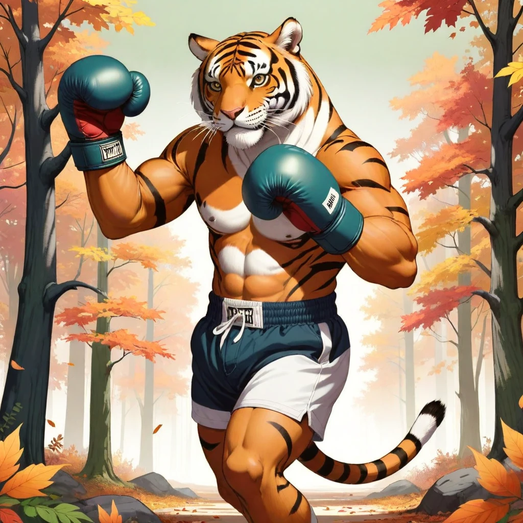 an anthropomorphic male tiger in boxing gloves, standing in a forest during autumn, practicing his fighting moves, in shorts, a determined look on his face, background in Corel Painter, the character is flat colors, made in SAI and Corel Painter, furry art, by J Lynn