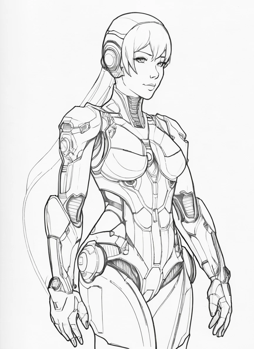 graphite \(medium\), sketch, lineart, upper body, anime, 1girl, science fiction