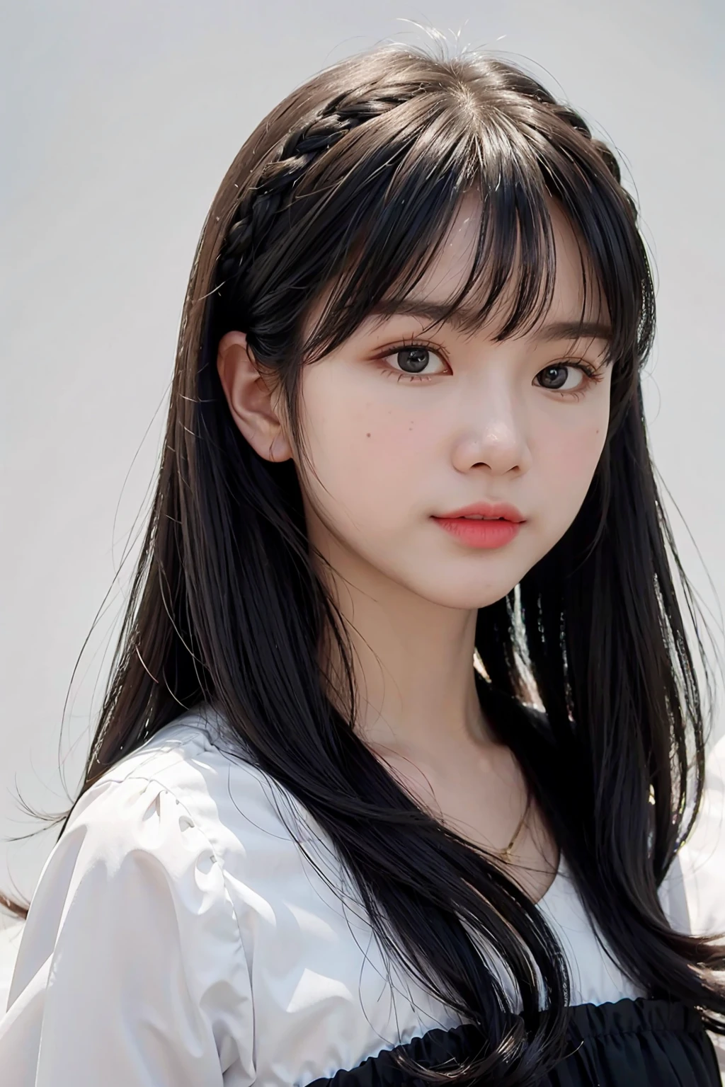 1girl,hair with bangs,black long dress,white background,  <lora:JigsawV1-02:1>