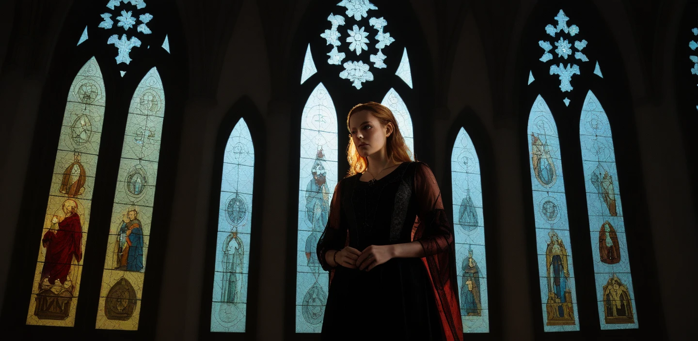 photorealistic, realistic, 1girl, mature female, gothic architecture, church, horror \(theme\), dim lighting, backlighting, stained glass window